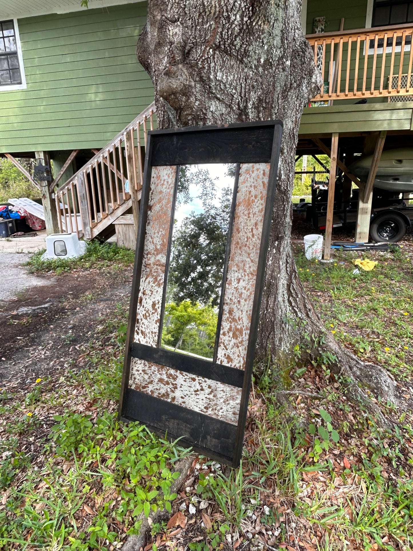 Genuine cowhide mirror // western mirror // western bedroom decor // living room decor // ranch decor // western home decor