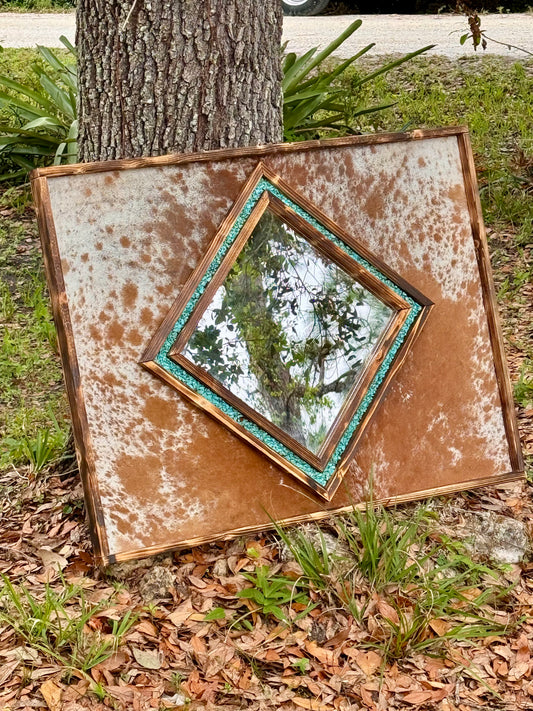 Cowhide Diamond shaped mirror // genuine cowhide mirror // western bedroom mirror // living room decor // ranch decor //