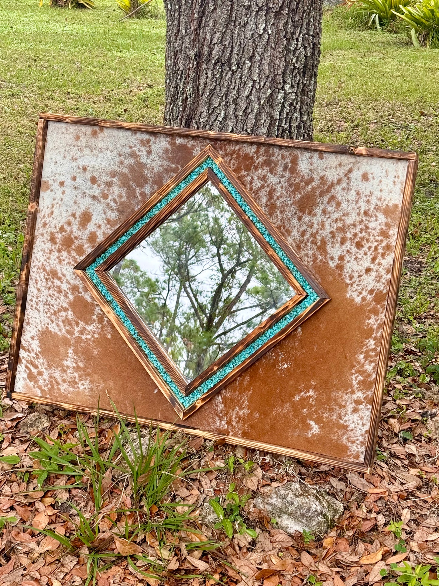 Cowhide Diamond shaped mirror // genuine cowhide mirror // western bedroom mirror // living room decor // ranch decor //