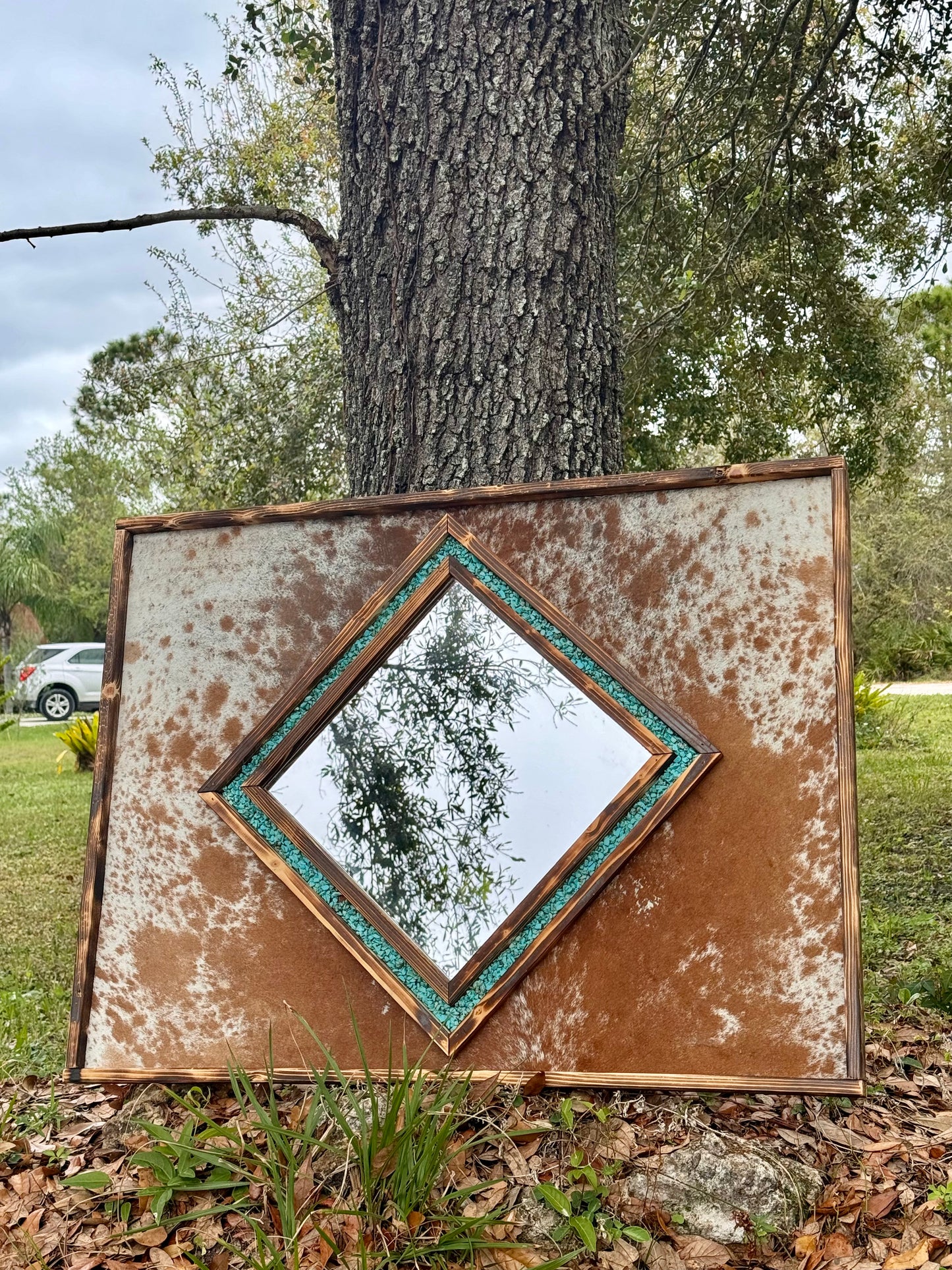 Cowhide Diamond shaped mirror // genuine cowhide mirror // western bedroom mirror // living room decor // ranch decor //