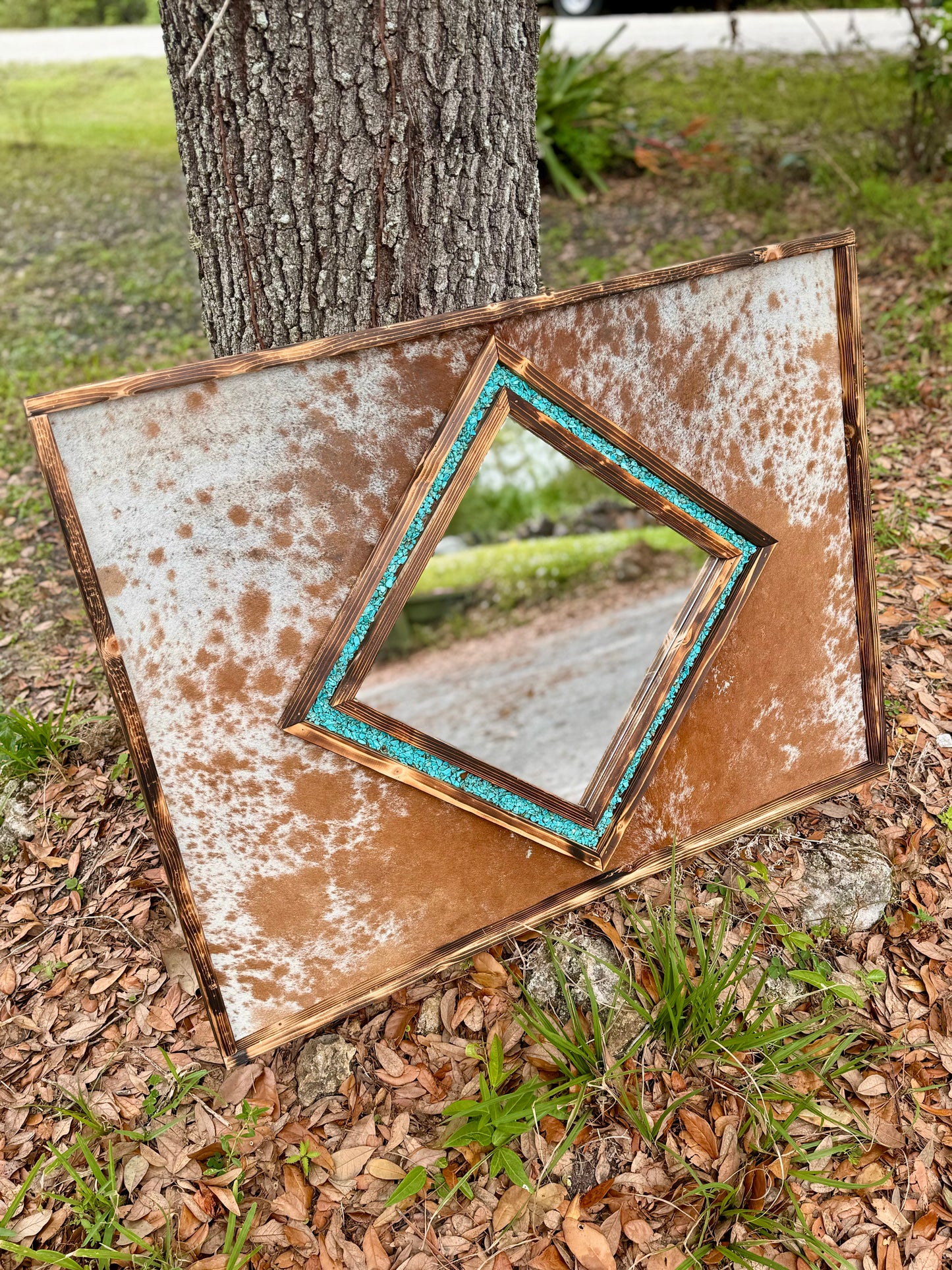 Cowhide Diamond shaped mirror // genuine cowhide mirror // western bedroom mirror // living room decor // ranch decor //