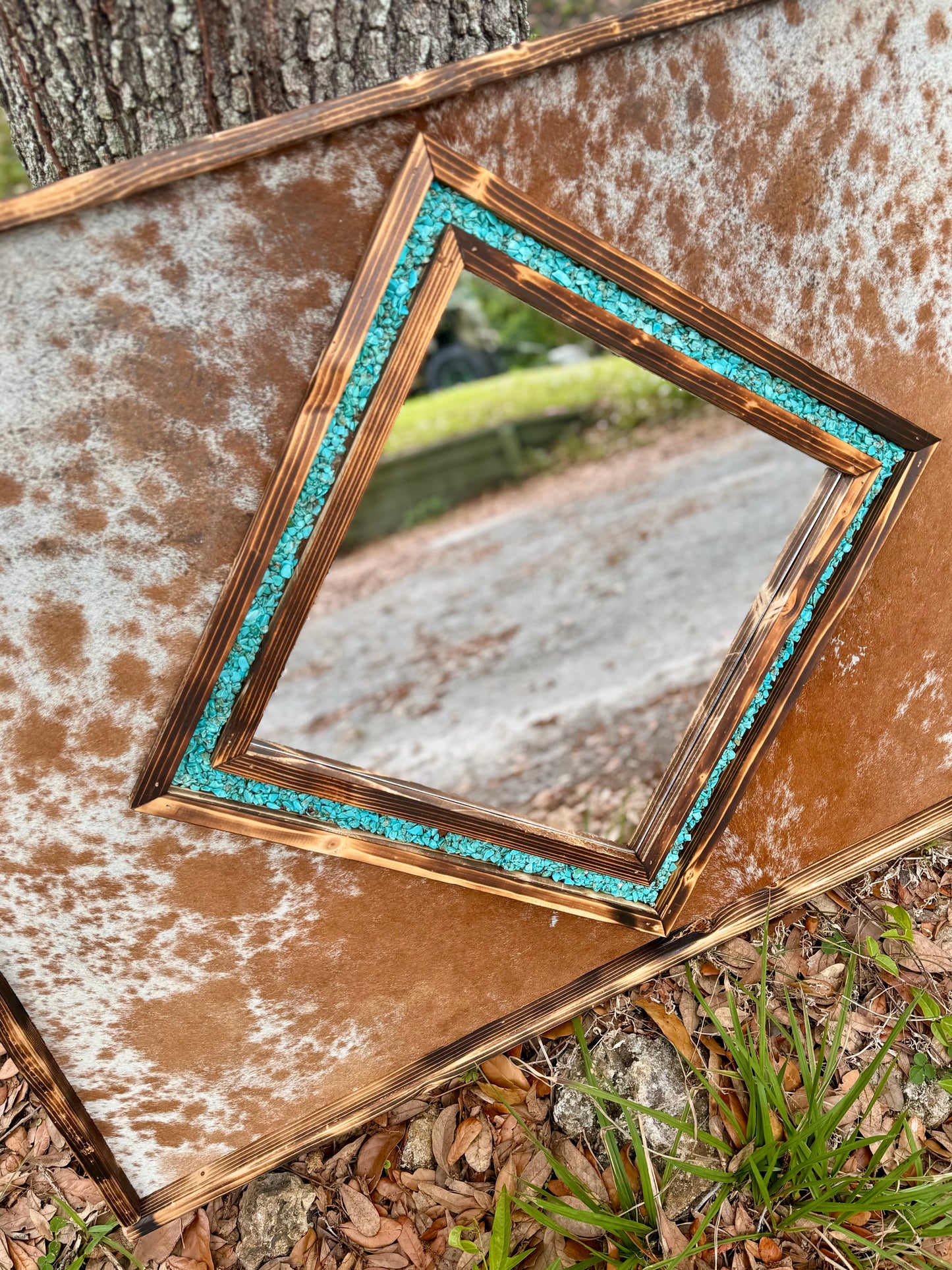 Cowhide Diamond shaped mirror // genuine cowhide mirror // western bedroom mirror // living room decor // ranch decor //